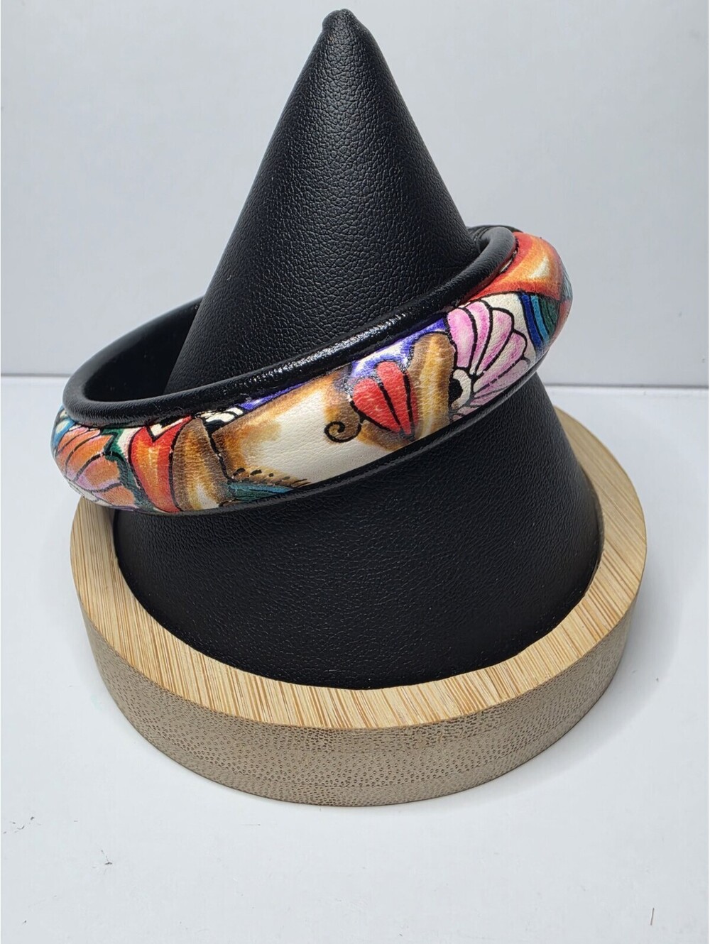 Vintage Mayan Leather Bangle Hand Painted Tribal Mask eye Design Bracelet